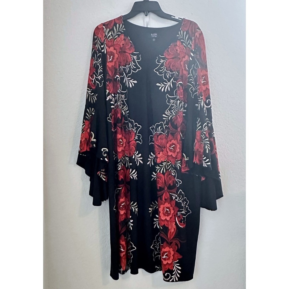MSK Dress Womens 1X Black Red Floral Bell Sleeve Stretch Lined Whimsygoth Party